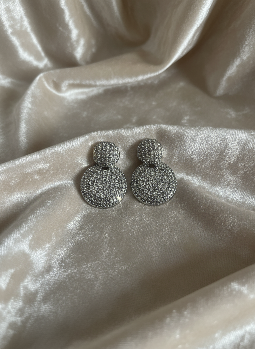 Silver Crystal Disc Drop Earrings