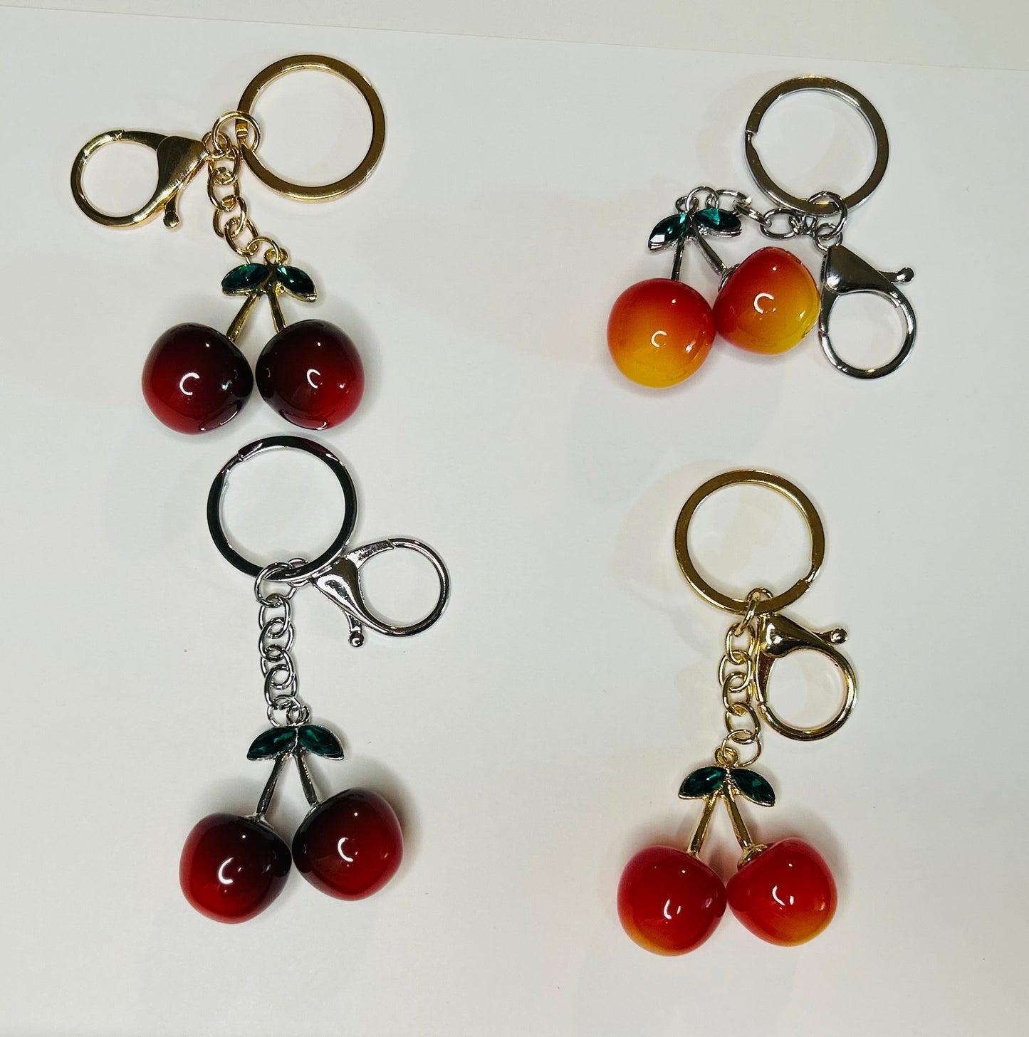 Cherry Bag Charm with Small Rhinestone Leaves