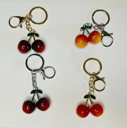 Cherry Bag Charm with Small Rhinestone Leaves