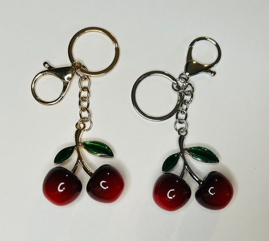 Cherry Bag Charm with Large Leaves