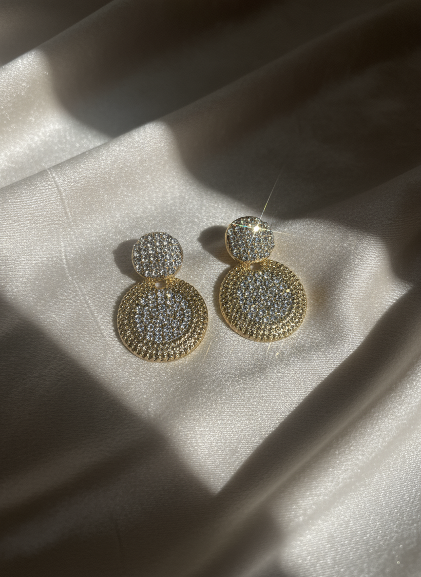Gold Crystal Disc Drop Earrings